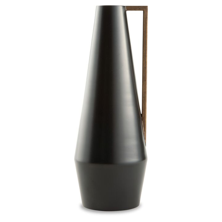 Ezra 20 Inch Decorative Flower Vase, Angular Gold Handle, Black Metal -