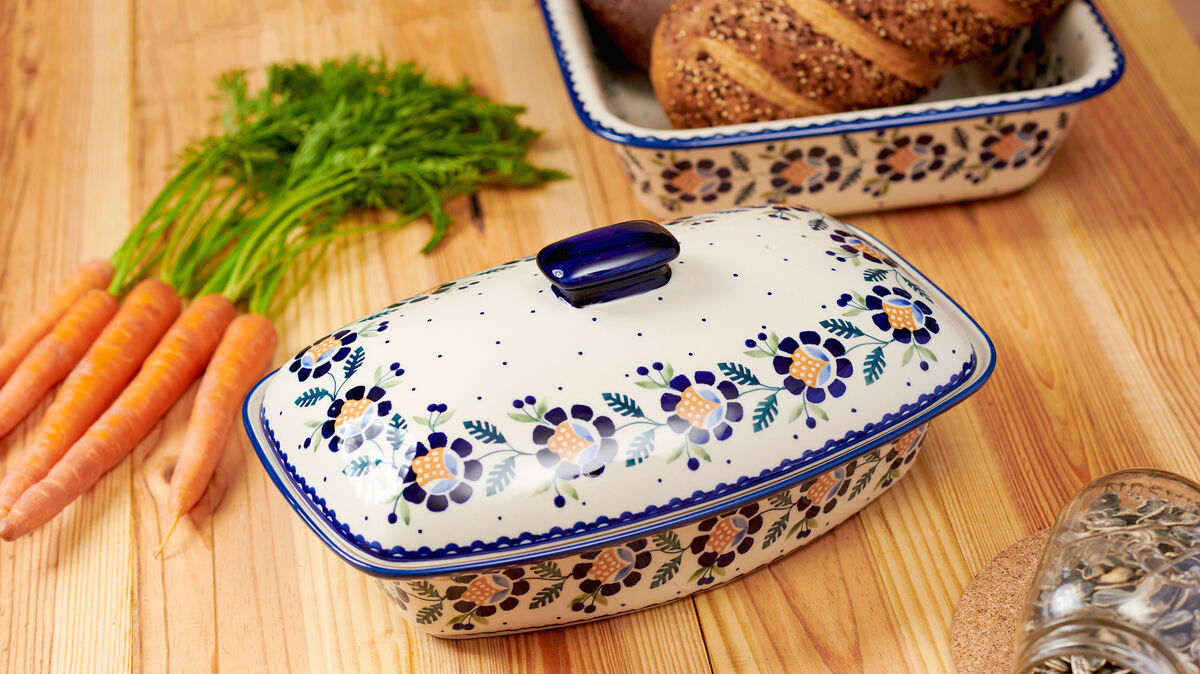 Blue Rose Polish Pottery Sage Floral Covered Baker