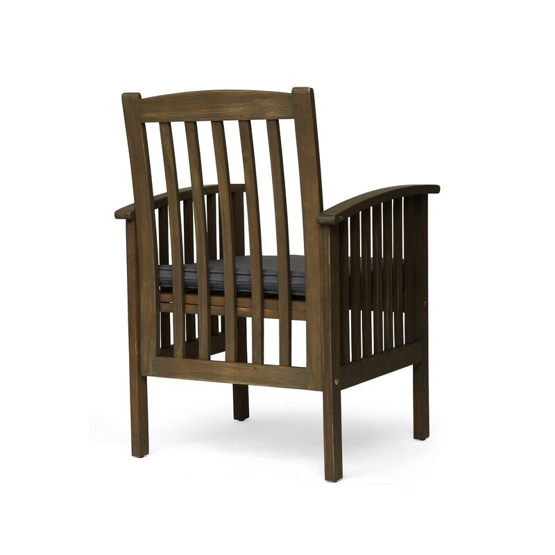 Gerry Dining Chair, Slatted Back Outdoor Natural Brown Wood, Dark Gray - Benzara