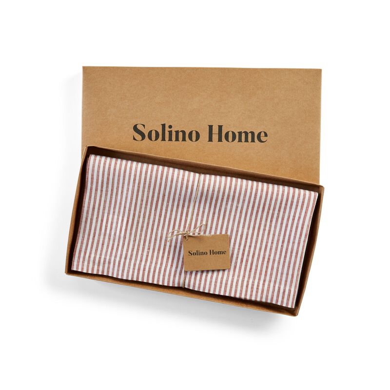 Solino Home 100% Pure Linen Table Throw 52 x 52 Inch | Narrow Stripe for Thanksgiving, Christmas