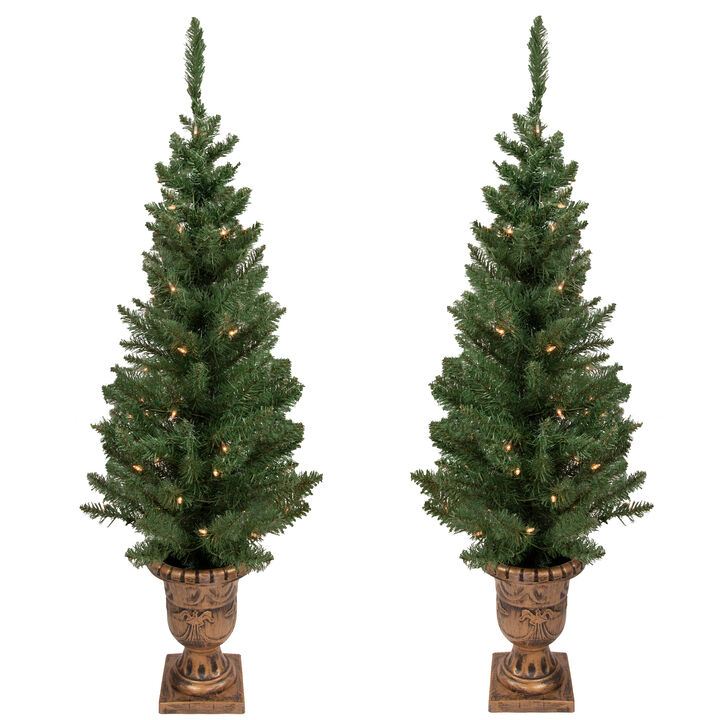 Set of 2 Pre-Lit Potted Porch Pine Topiary Slim Artificial Christmas Trees 4' - Clear Lights