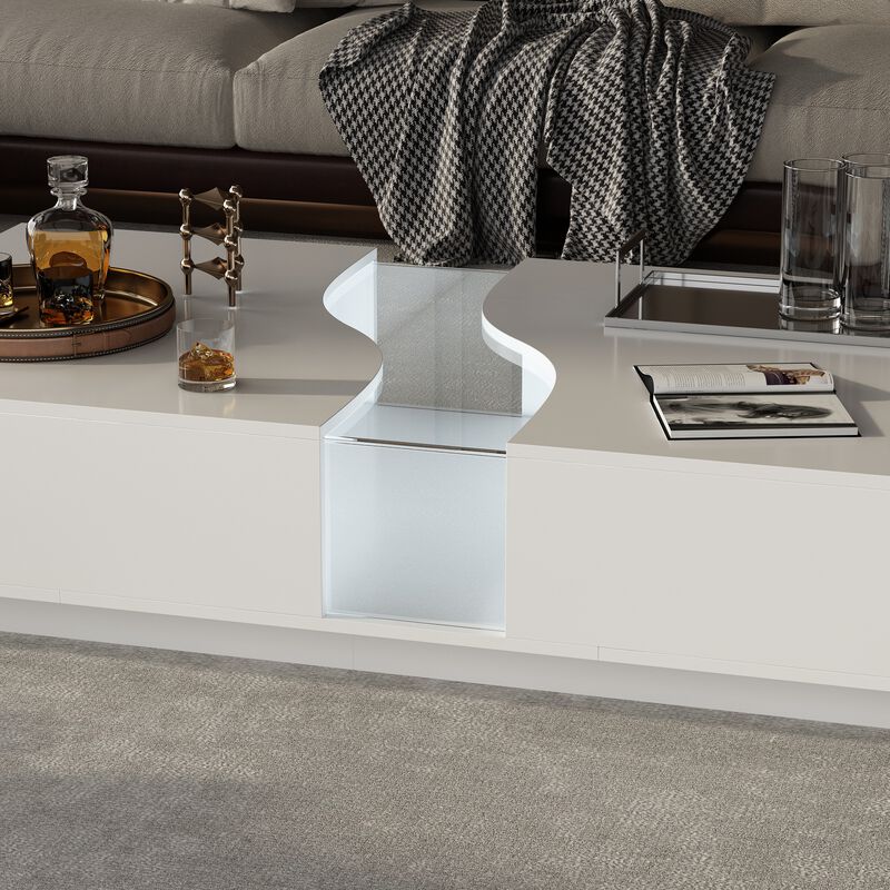 55.1 in. W White Rectangle Wooden End Table, Side Table, Coffee Table with 2-Drawers and Visable Decored Light
