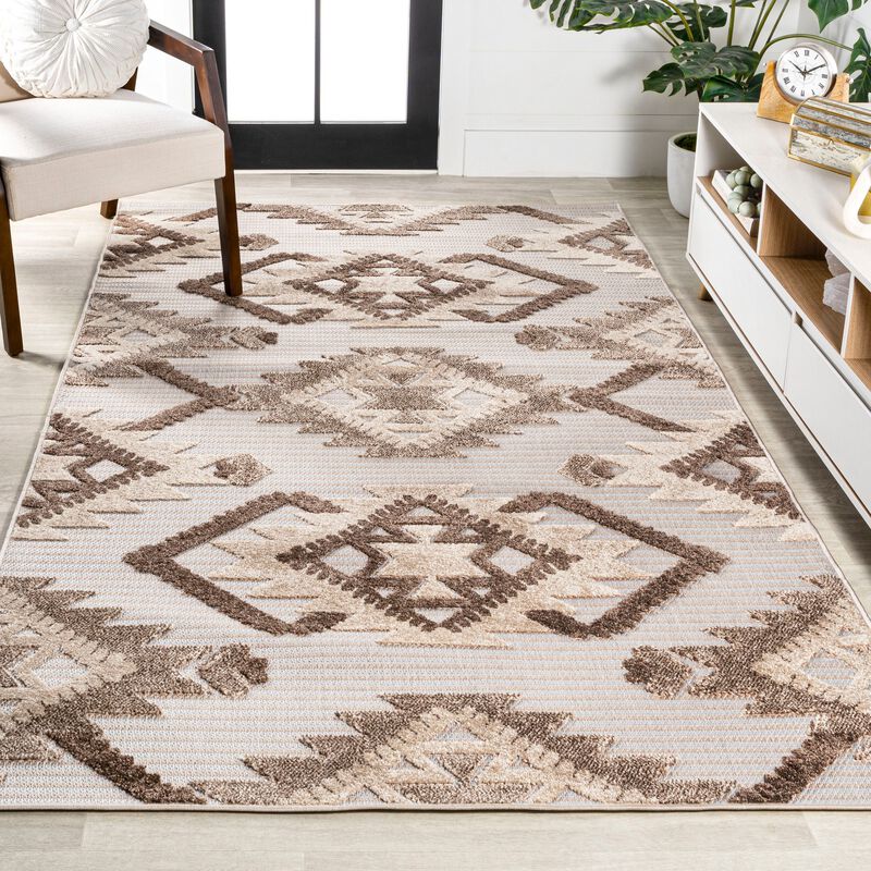Sumak High-Low Pile Neutral Diamond Kilim Area Rug