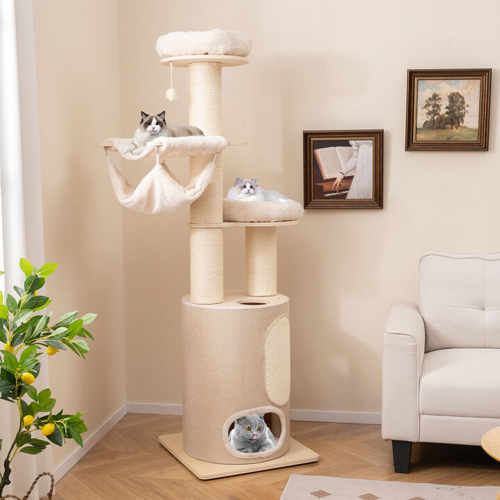 Tall Wooden Cat Tower Tree with 2-Story Cat Condo and Washable Cushions