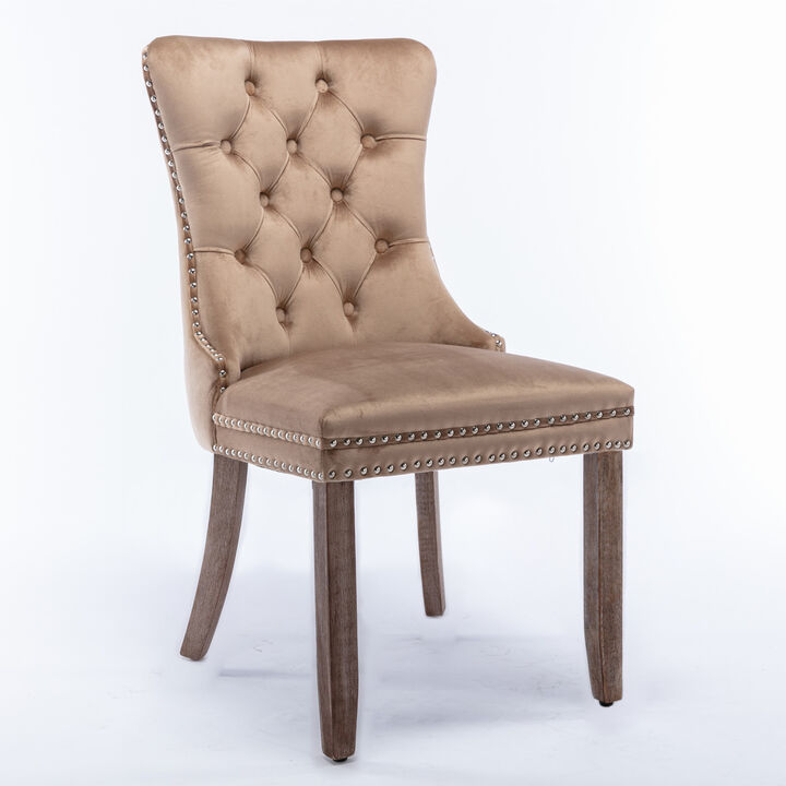 2 Pieces Set, Khaki Velvet Dining Chairs With Wood Legs