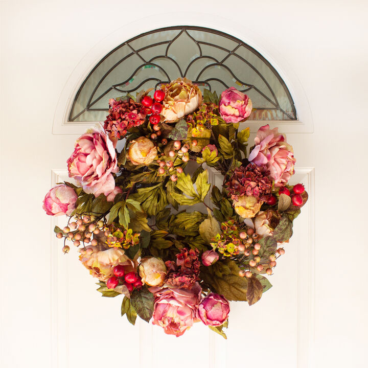 Nearly Natural 24-in Peony Hydrangea Wreath