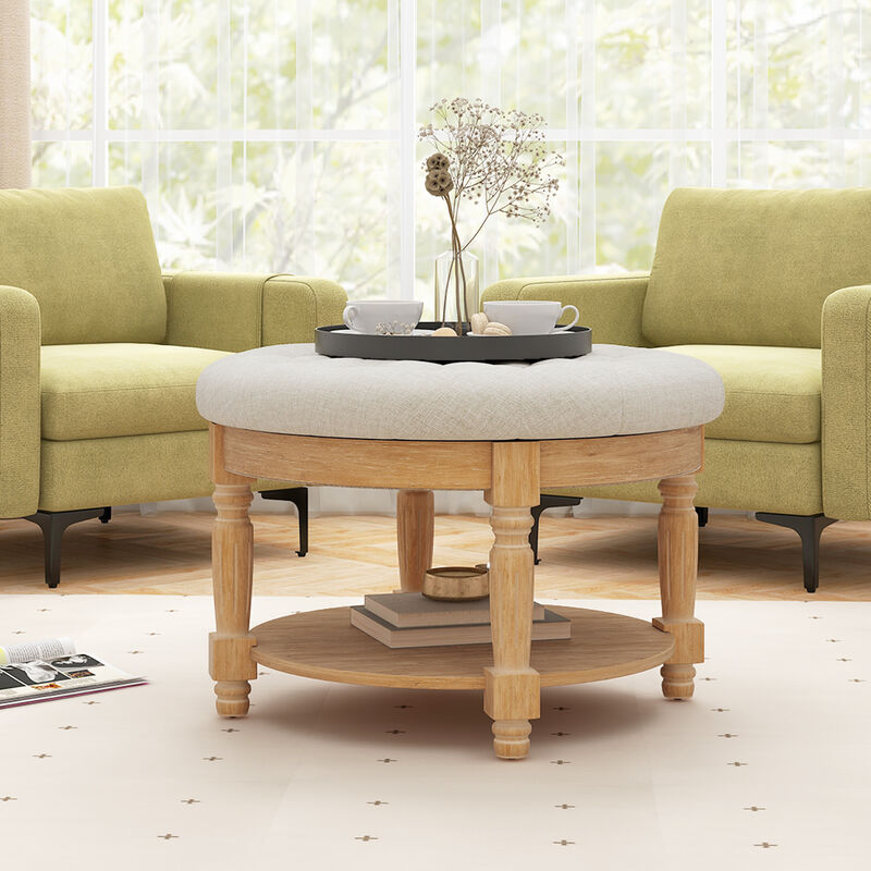29-Inch Round Ottoman Coffee Table, 2-Tier Upholstered Tufted Footrest with Flip-Up Storage Top