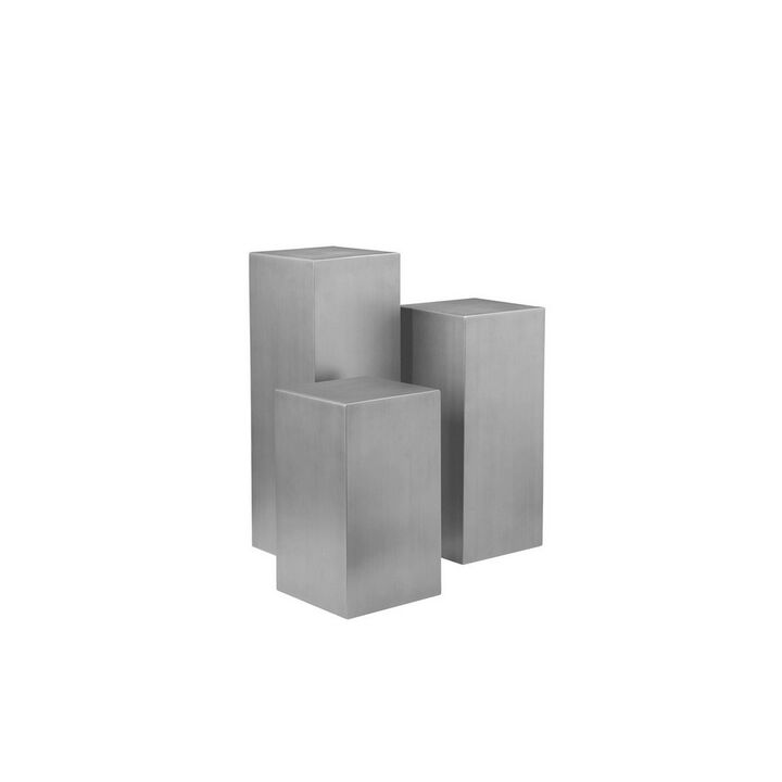 Meta Set of 3 Pedestal Display Stand, Square Pillars Brushed Silver Steel - Benzara