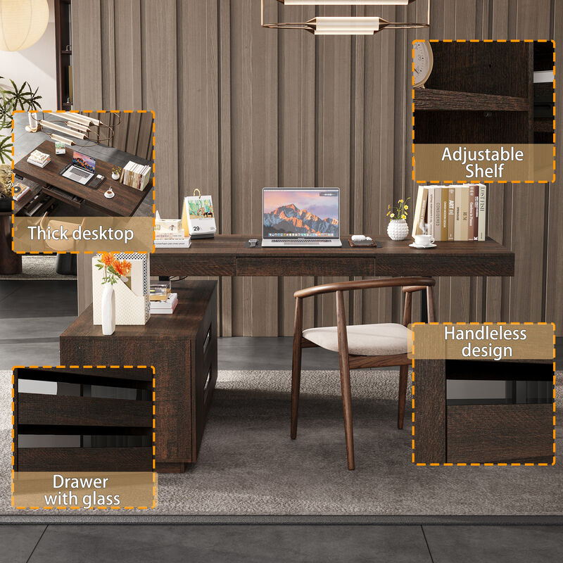 FUFU&GAGA Modern Brown Wood Grain Height-Adjustable Desk with Storage, P2 MDF, with Glass Drawers and Adjustable Shelves (70.9" W x 29.1"~44.1" H x 31.5" D), Brown