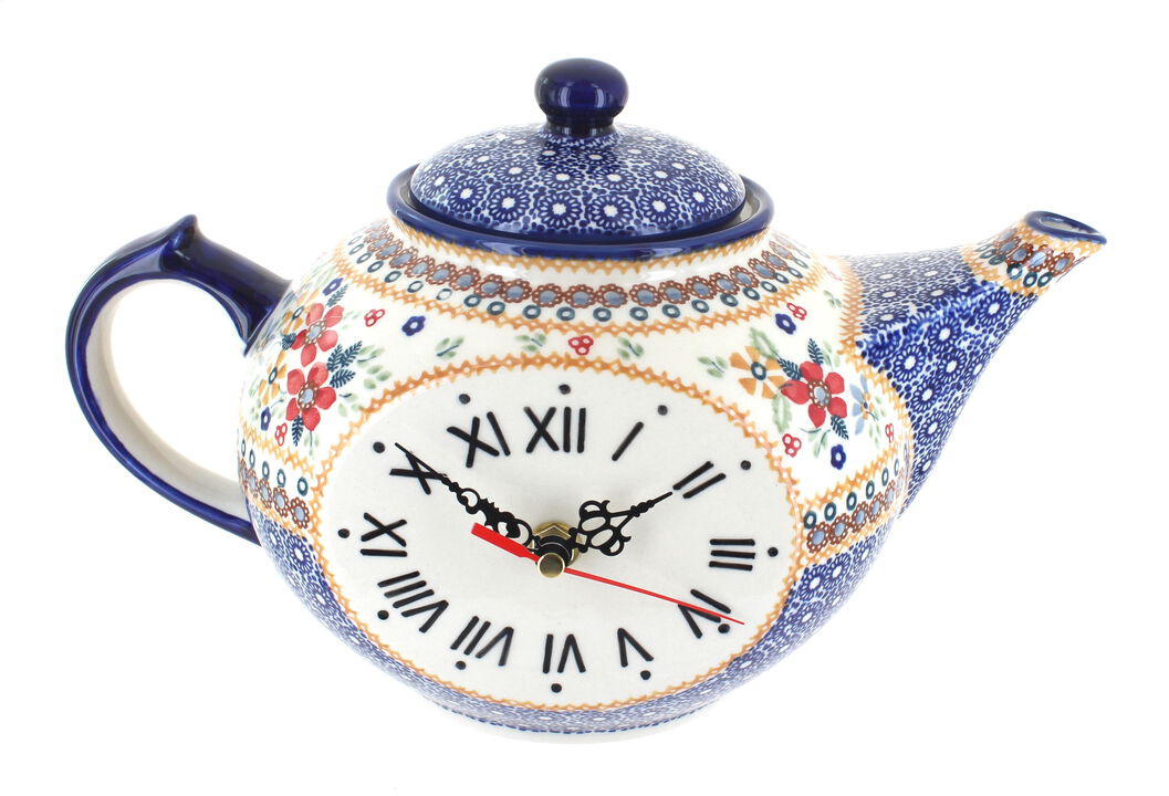 Blue Rose Polish Pottery Small Dots Mantle Teapot Clock