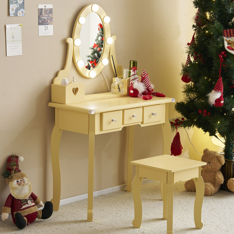 Girls Vanity Table with Mirror Lights and Stool Pretend Play Makeup Desk with Storage