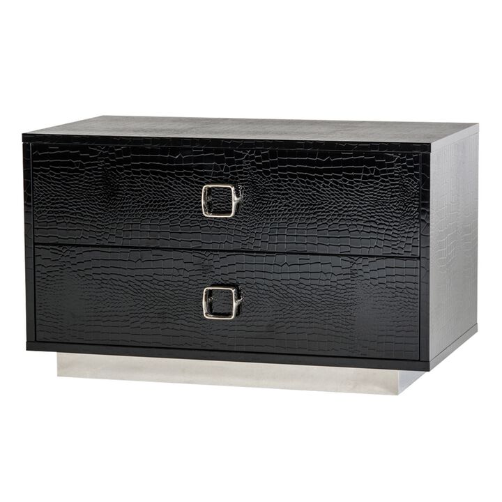 Hart 32 Inch Nightstand, 2 Drawers, Crocodile Skin Texture, Lacquer, Black-Benzara