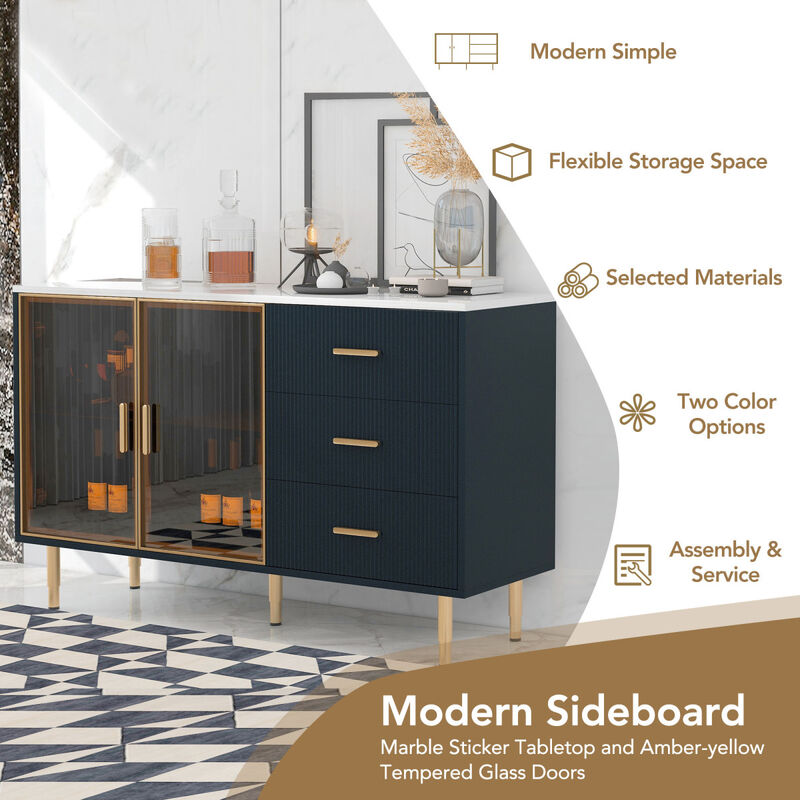 Modern MDF Buffet Cabinet with Glass Doors & Marble Top