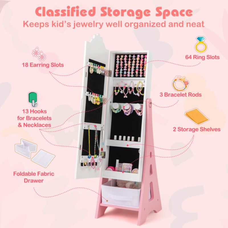 Hivvago Kids Jewelry Cabinet with Full-Length Mirror and Foldable Drawer
