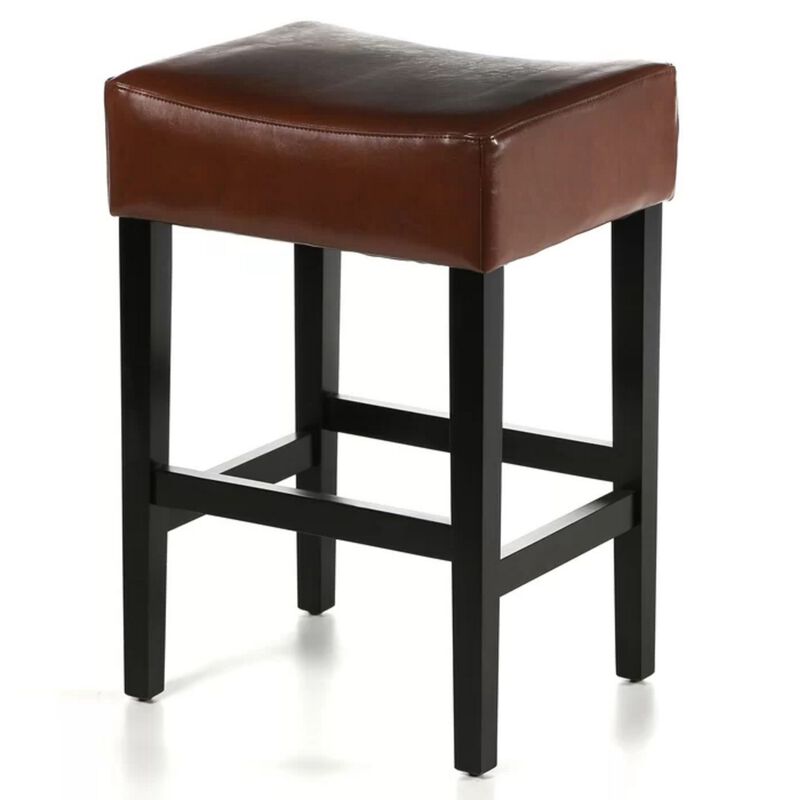 Piya Counter Stool Set of 2, Backless, Brown Bonded Leather, Black Legs - Benzara