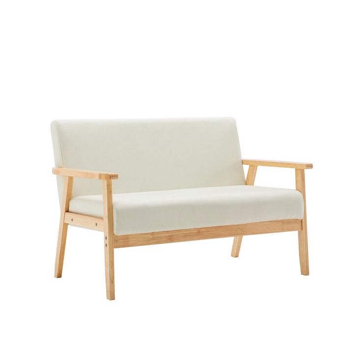 Gala 45 Inch Modern Loveseat Bench, Ivory Fabric, Natural Brown Wood Frame-Benzara