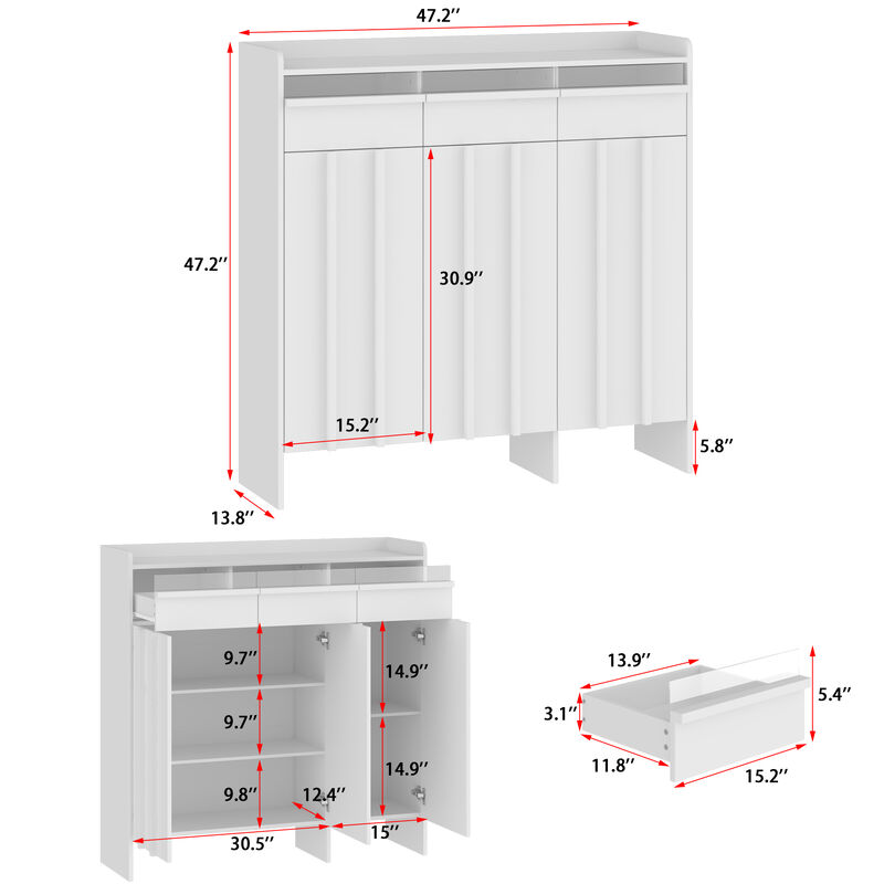FUFU&GAGA Modern White Shoe Cabinet – 3 Drawers, 3 Doors, Acrylic Panel Design, MDF Entryway Storage (47.2" W x 13.8" D x 47.2" H), White