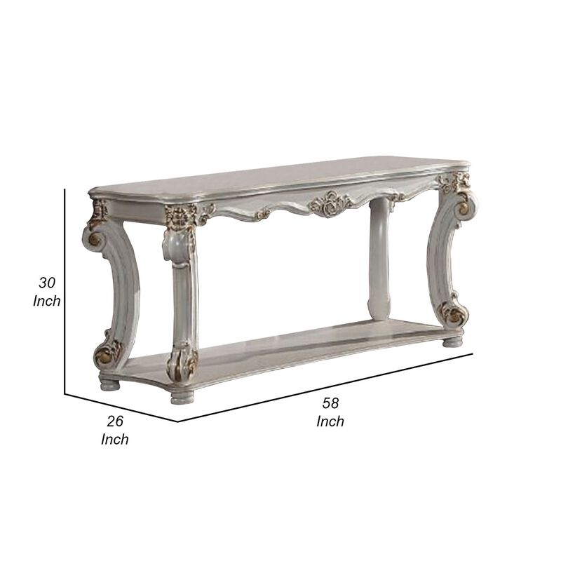 Jess 58 Inch Sofa Console Table, Classic Scrolled Legs, Brushed Gold, Shelf - Benzara
