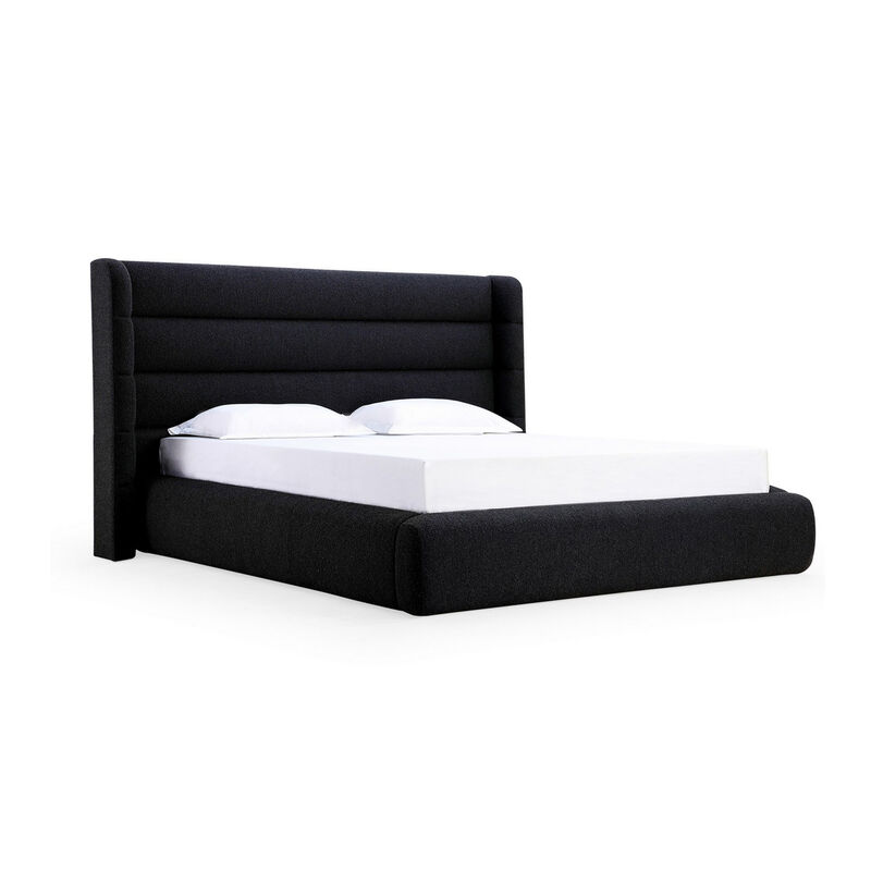 Mase Full Platform Bed, Boucle Upholstery, Wingback Headboard, Gray - Benzara