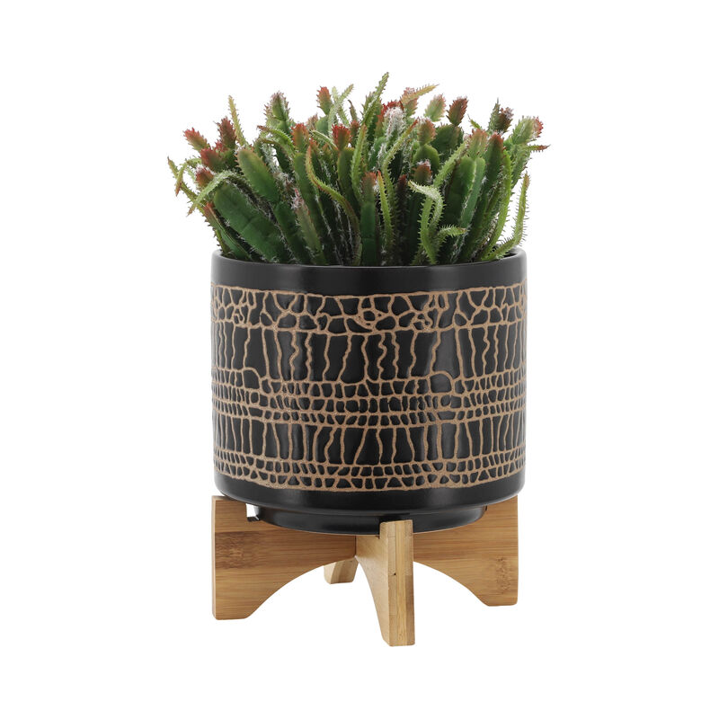 Glazed Planter with Stand, Black Set
