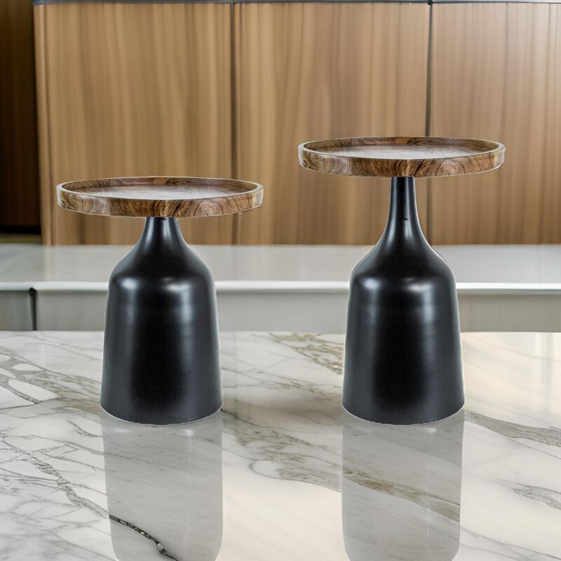 20, 17 Inch Side Table, Acacia Wood, Flared Pedestal Base, Aluminum, Black - Benzara
