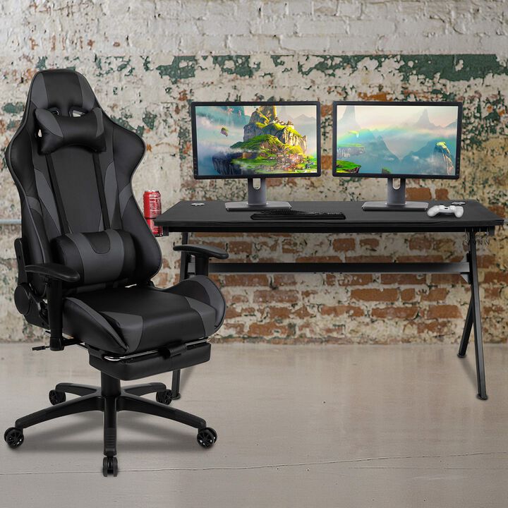 Flash Furniture Optis Gaming Desk and Gray Footrest Reclining Gaming Chair Set - Cup Holder/Headphone Hook/Removable Mouse Pad Top/Wire Management