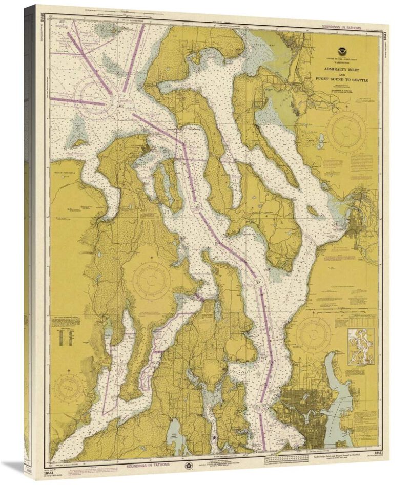 Nautical Chart - Admiralty Inlet and Puget Sound to Seattle ca. 1975 - Sepia Tinted-Canvas Art-28.44x36