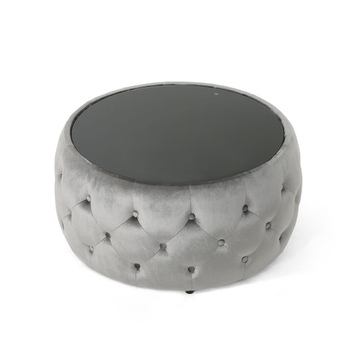 Modern Glam Diamond Tufted Velvet Ottoman with Tempered Glass Top