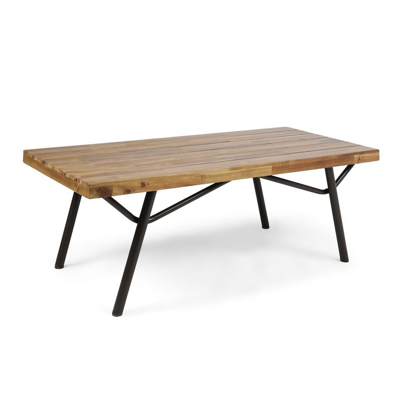 Patio Coffee Table, Slatted Top, Brown Iron, 50 Inch Teak Brown Acacia - Benzara