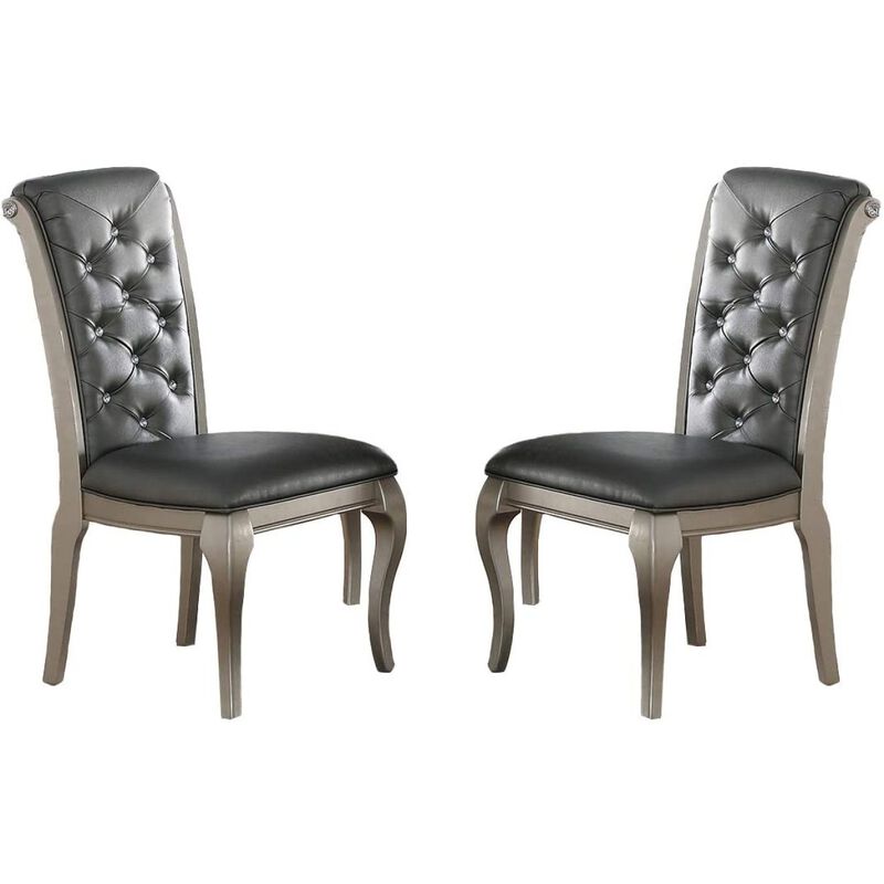 Antique Silver Wooden Dining Chairs with Grey Faux Leather