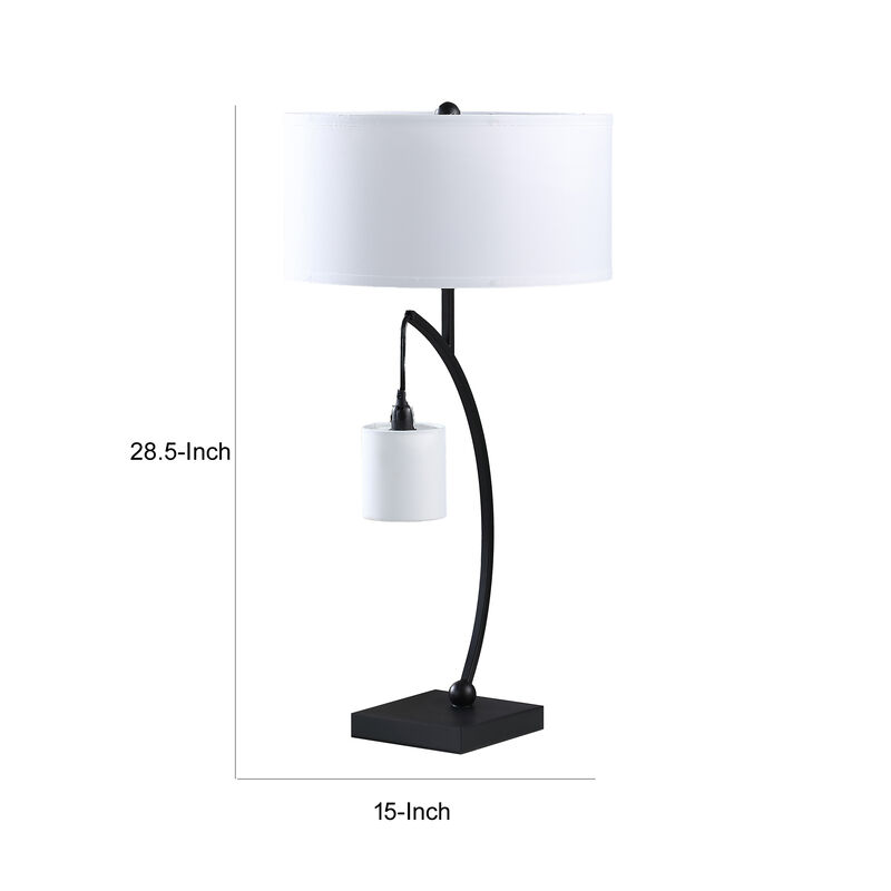 Jiya 29 Inch Arc Table Lamp, Hanging Design, 2 White Drum Shades, Black - Benzara