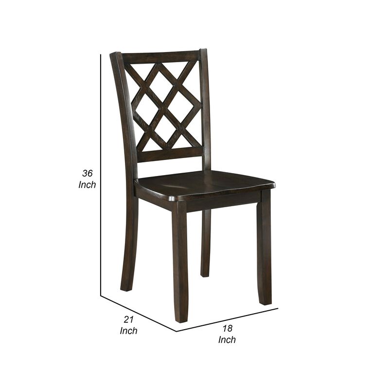 Ava 21 Inch Dining Chair Set of 2, Lattice Back, Brown Rubberwood Frame - Benzara