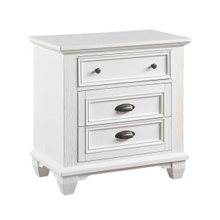Lyni 30 Inch Nightstand with 3 Drawers, Farmhouse White Acacia Wood - Benzara