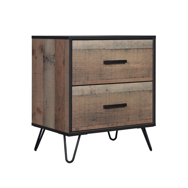 Lala 25 Inch Nightstand, 2 Drawers, Black Handles, Rustic Brown Wood Finish - Benzara