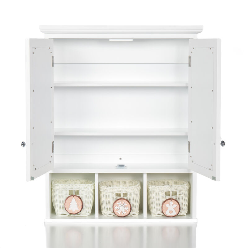 White Wood Wall Cabinet with Mirrored Doors & Storage Baskets