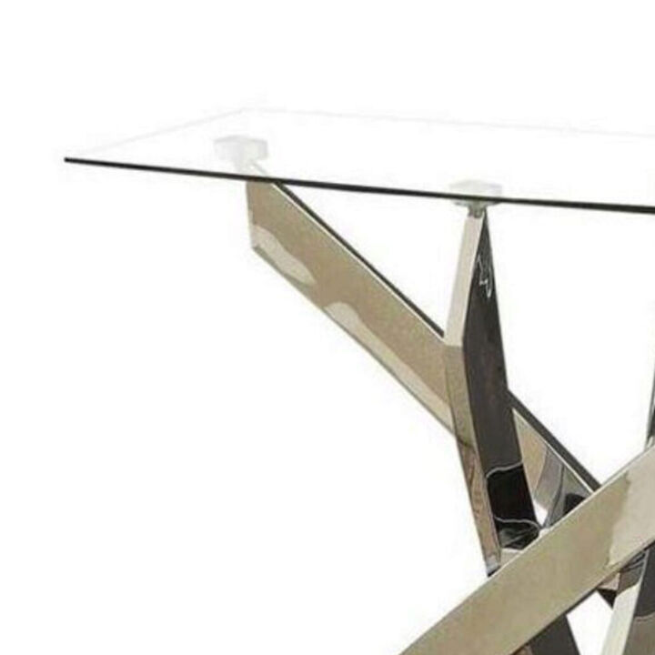 Rectangular Glass Top Sofa Table with Criss Cross Base, Silver and Clear - Benzara