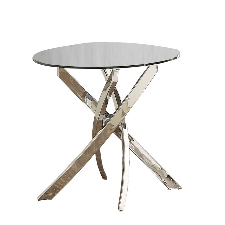 Round Glass Top End Table with Criss Cross Metal Base, Silver-Benzara