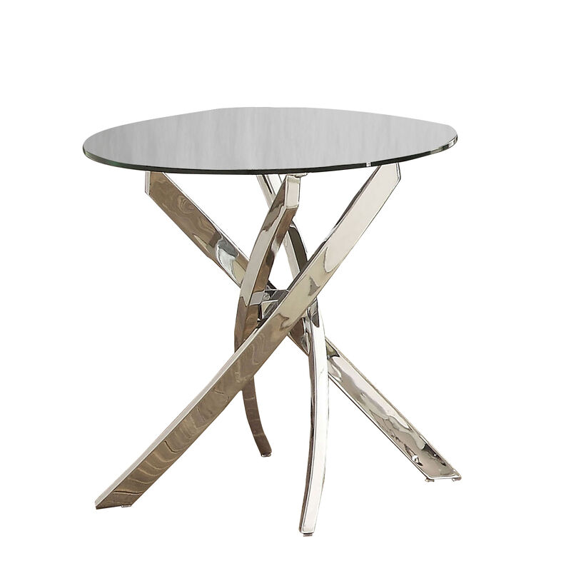 Round Glass Top End Table with Criss Cross Metal Base, Silver-Benzara