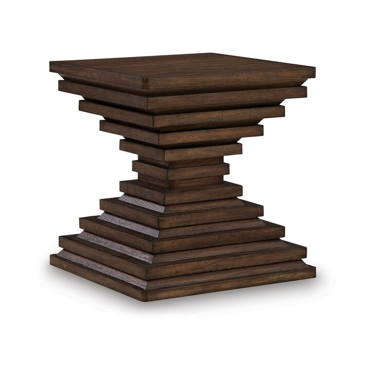 Reem Side End Table, Square Geometric Hourglass, 28 Inch Dark Brown - Benzara