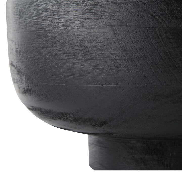 Nya 12 Inch Tabletop Decorative Bowl, Pedestal Round Base, Black Wood - Benzara