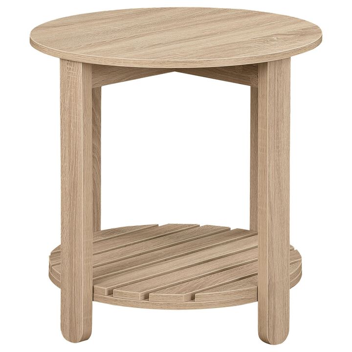 Fowl Round Side End Table, Slatted Lower Shelf, 22 Inch Natural Brown - Benzara