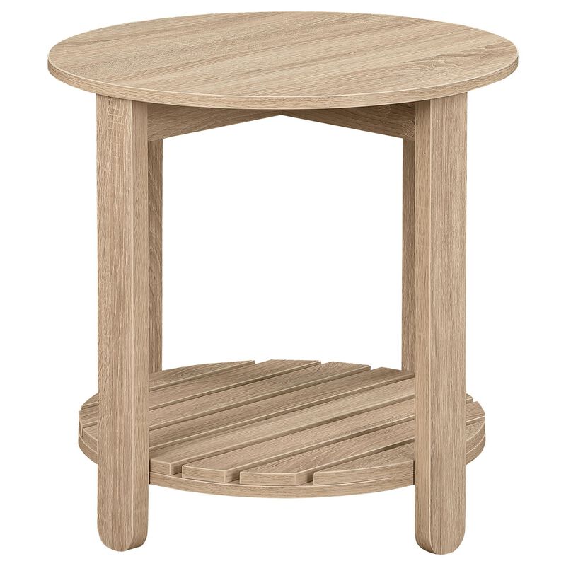 Fowl Round Side End Table, Slatted Lower Shelf, 22 Inch Natural Brown - Benzara