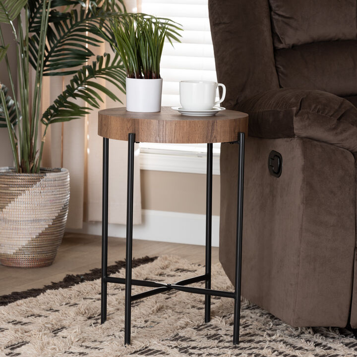 Baxton Studio Savion Modern Industrial Walnut Brown Finished Wood and Black Metal End Table