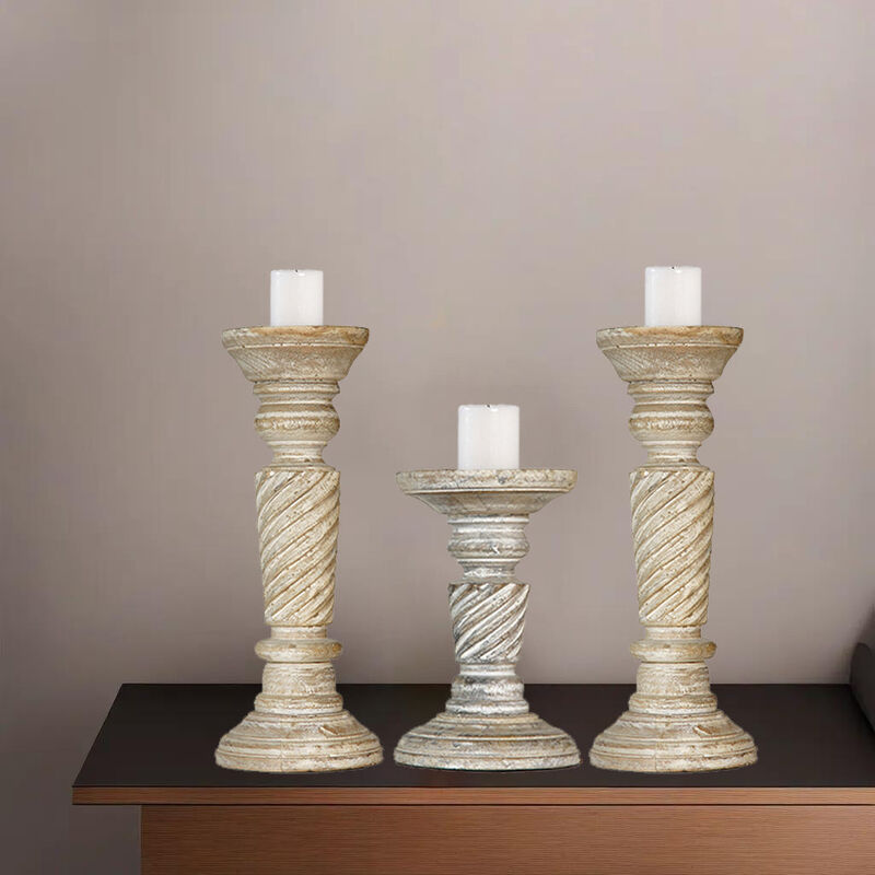 Traditional Antique White Eco-friendly Handmade Mango Wood Set Of Three 9",6" & 9" Pillar Candle Holder BBH Homes