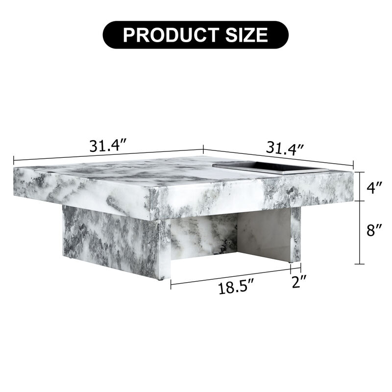 Elegant Black and White Marble Coffee Table 31.4" Square