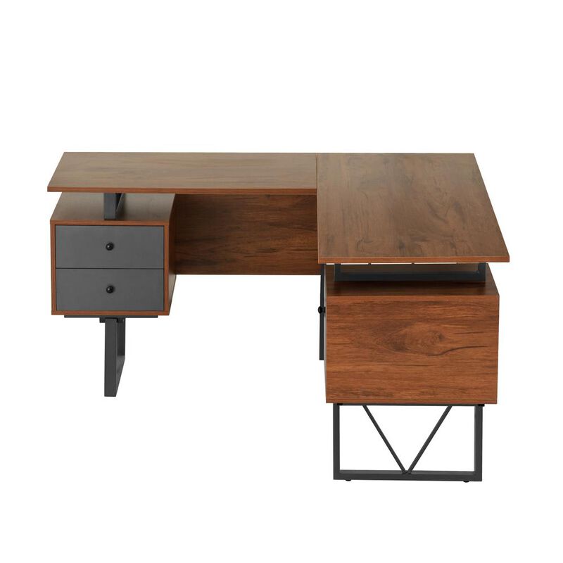 Techni Mobili Reversible L-Shape Computer Desk, Drawers and File Cabinet, Walnut