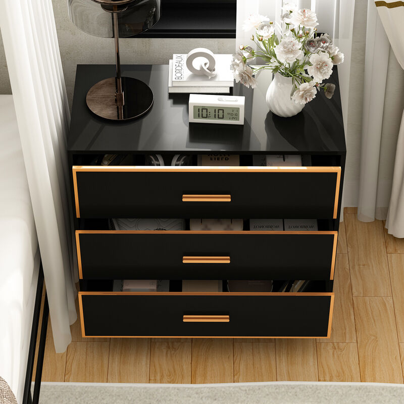 FUFU&GAGA Modern Black 3-Drawer Dresser with Gold Trim, Metal Handles & Base – Stylish Storage Cabinet for Bedroom(31.5"W x 15.7"D x 28.7"H),Black