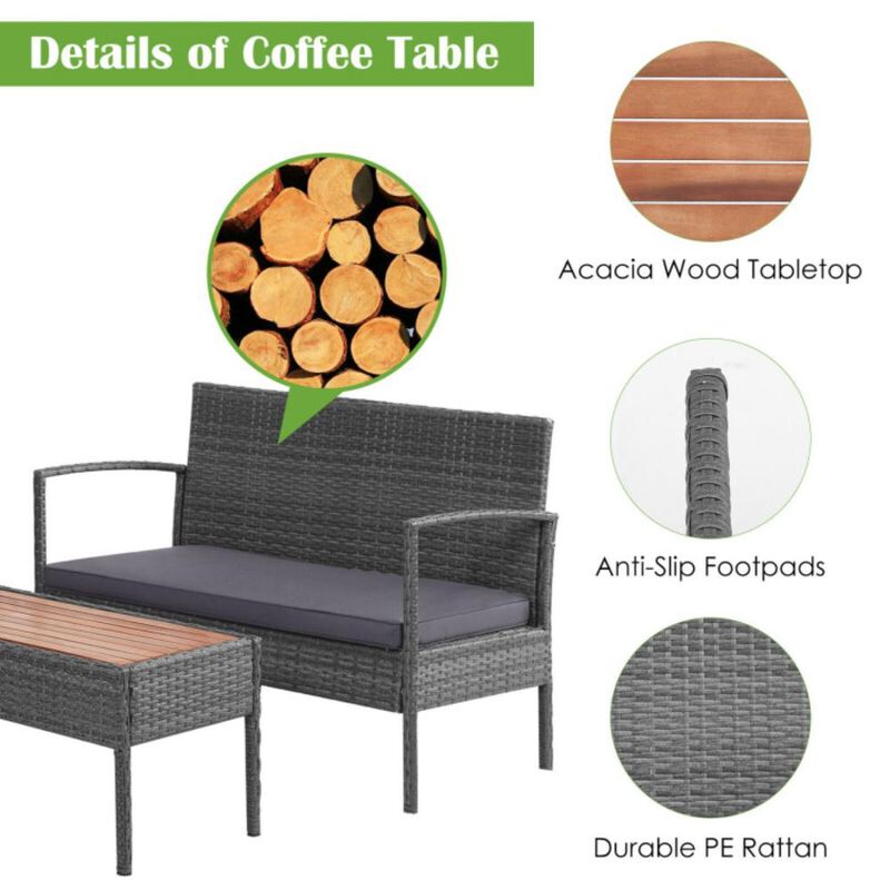 Hivvago 4 Pieces Rattan Patio Conversation Furniture Set with Acacia Wood Tabletop