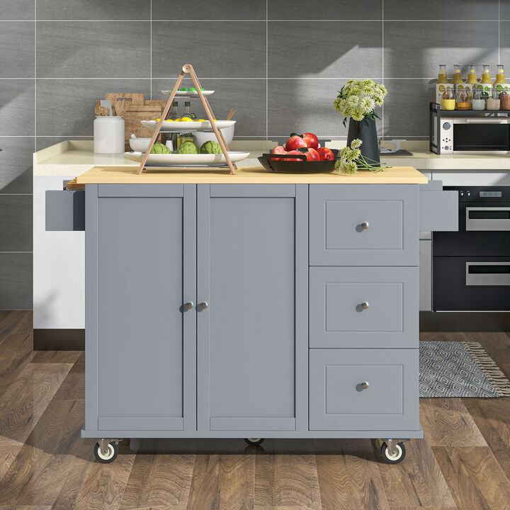 Streamdale Rolling Kitchen Island w/ Wood Top, Cabinet & Drop Leaf