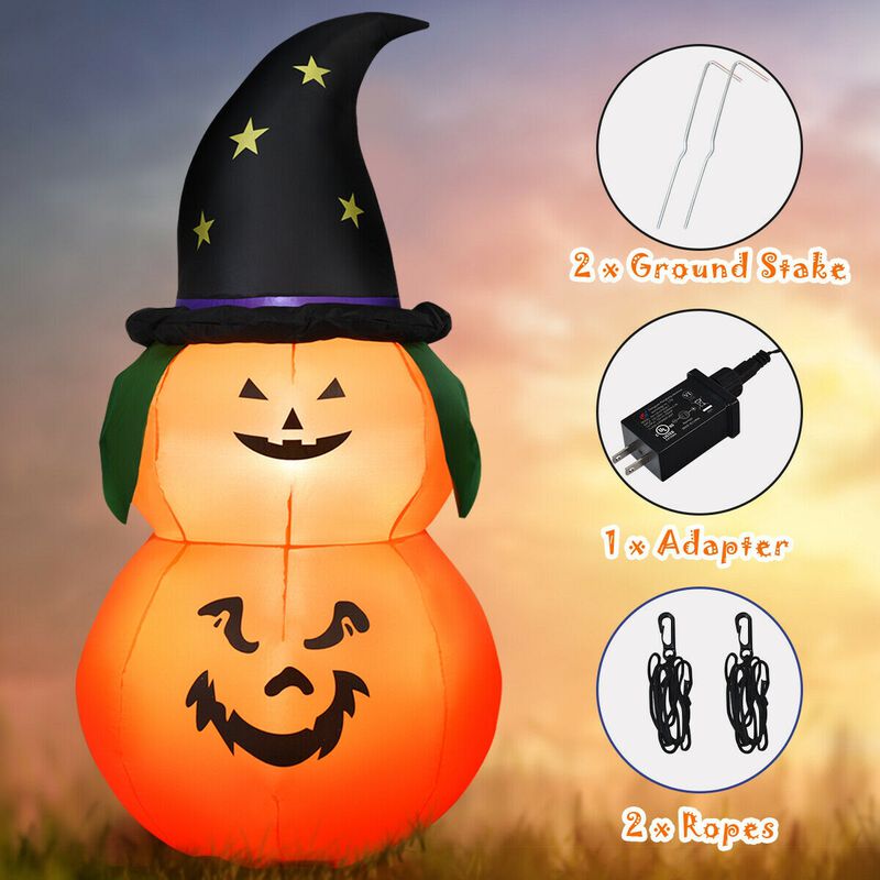 5 ft Inflatable Halloween LED Pumpkin with Witch Hat